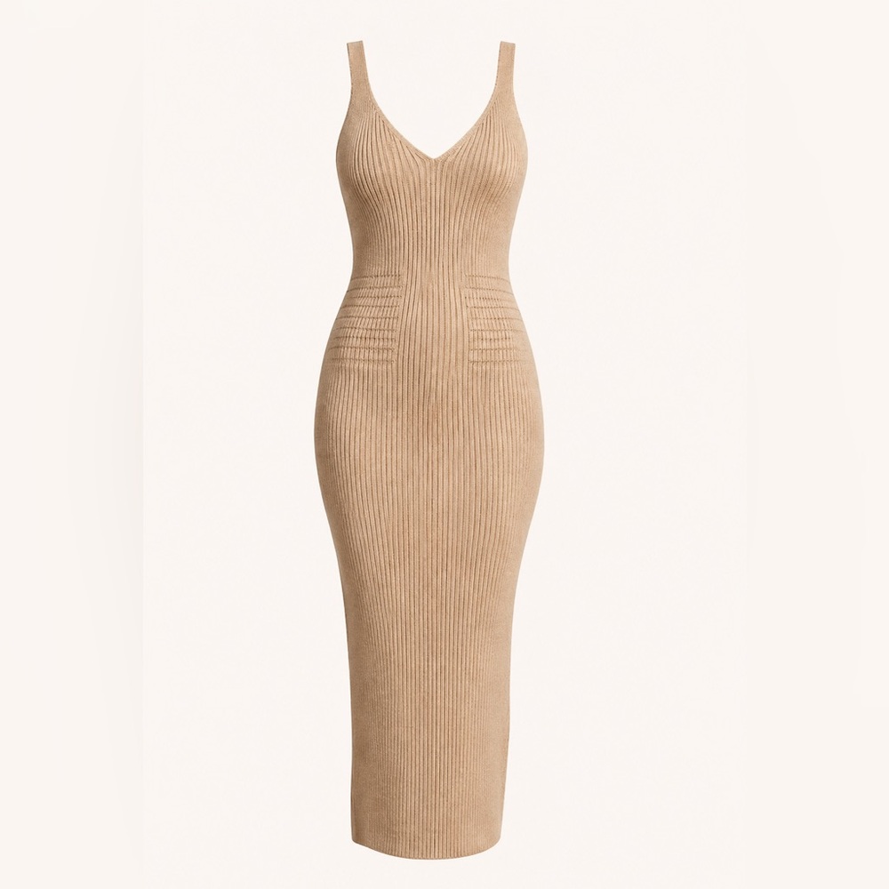 Guess Ribbed Knit Bodycon Midi Dress XS Beige Neutral Sleeveless Sexy Sculpting